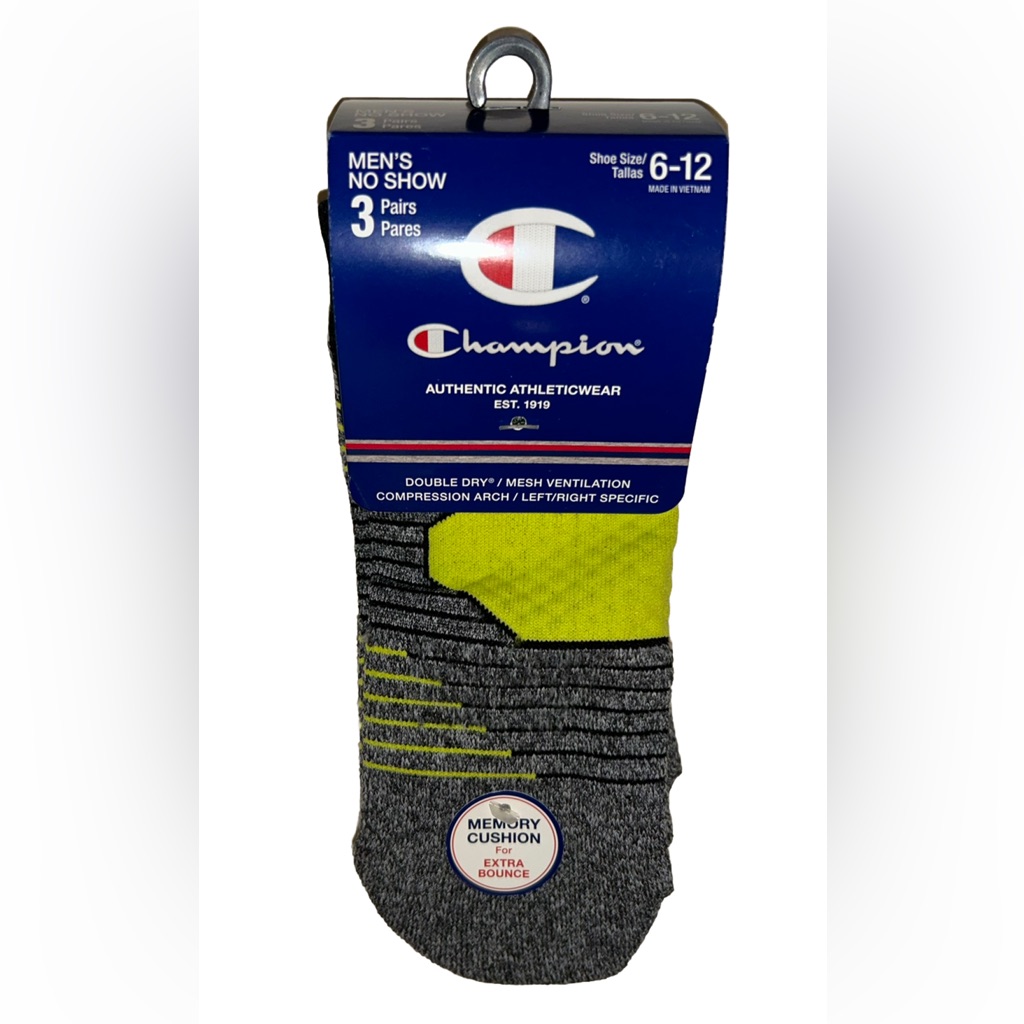 Champion No Show Socks 3 Pair Men's 6-12 Black Yellow Blue W Toe Logo New! $18